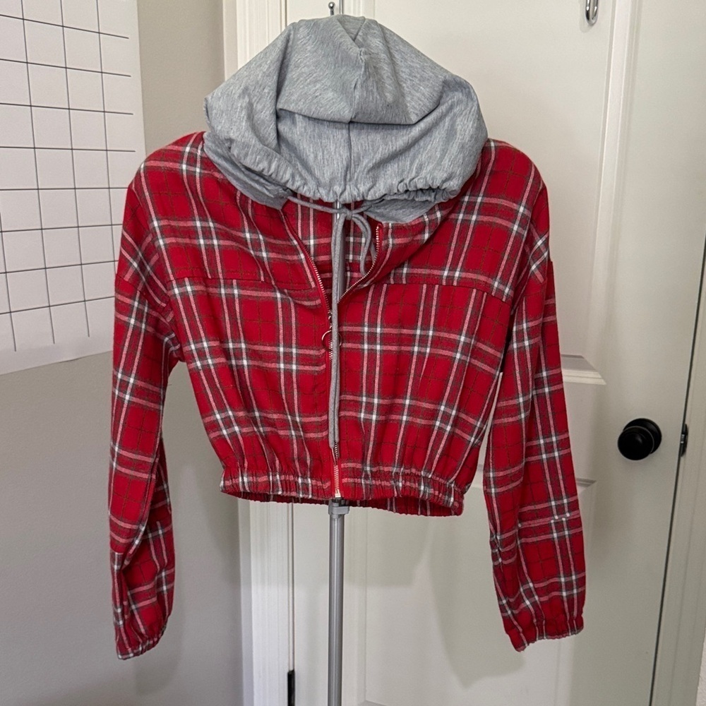 HYFVE Red Plaid Flannel Hoodie with Gray Hood